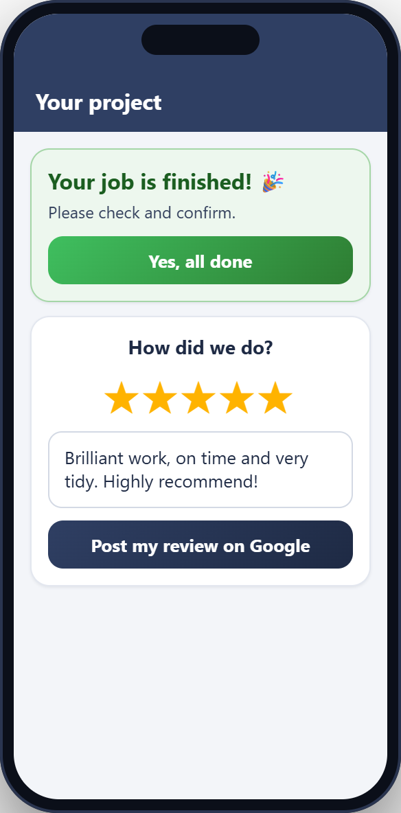A client confirming the job and leaving a review