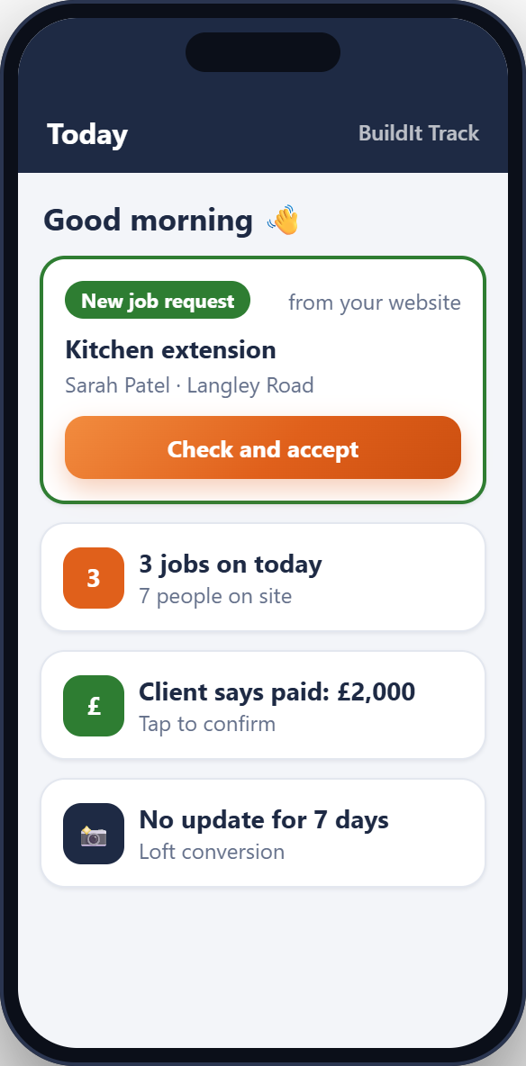 The BuildIt Track app showing today's jobs