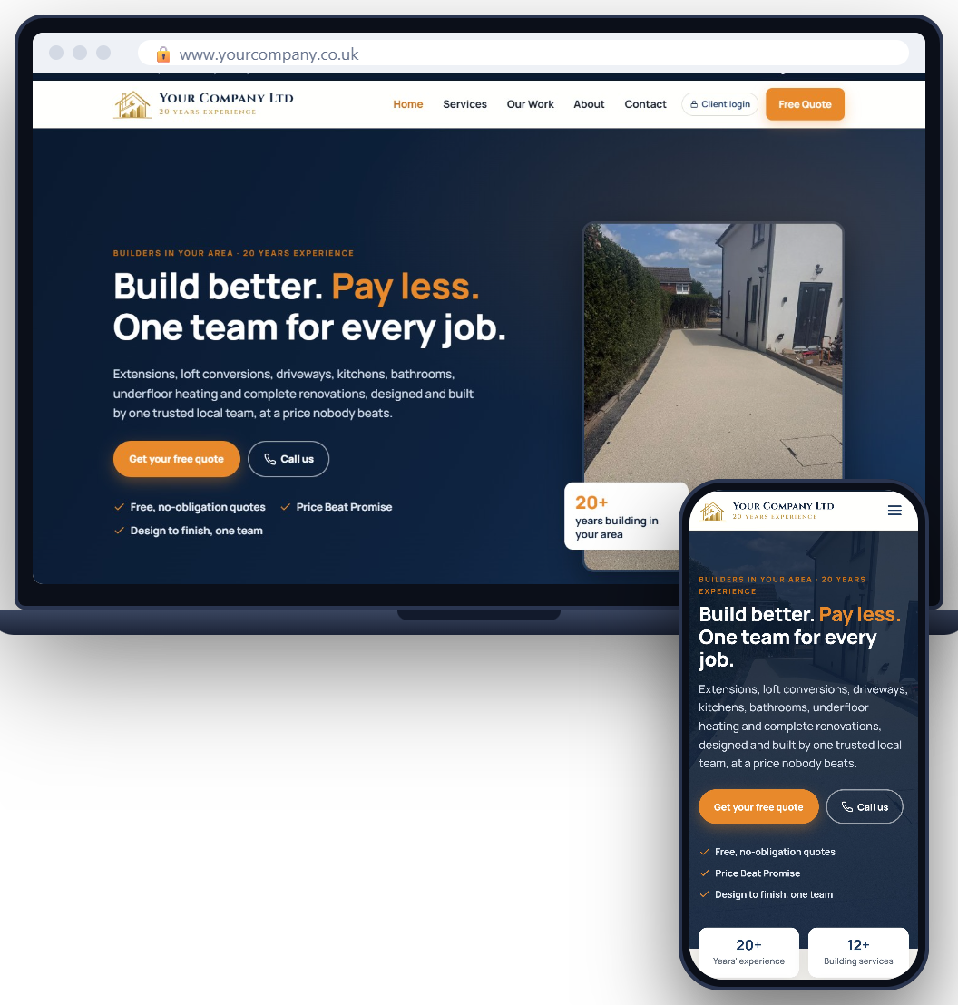A builder's website on a laptop and a phone